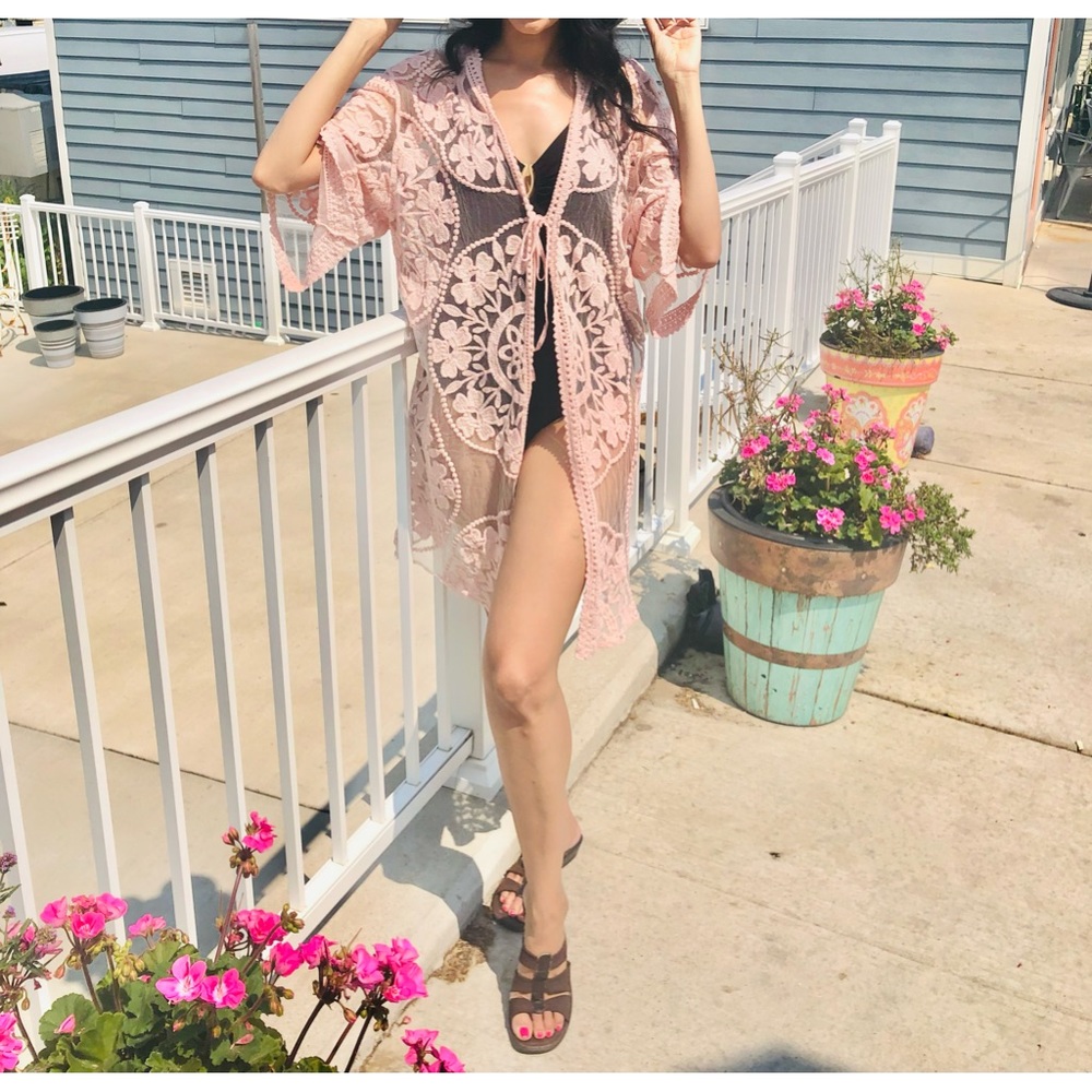 Pink lace swim cover up ties at the neck one size